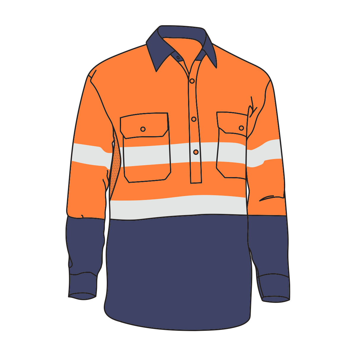 Driven DRV 44 Hi Vis Lightweight Long Sleeve Taped Safety Shirt Closed Front Orange/Navy