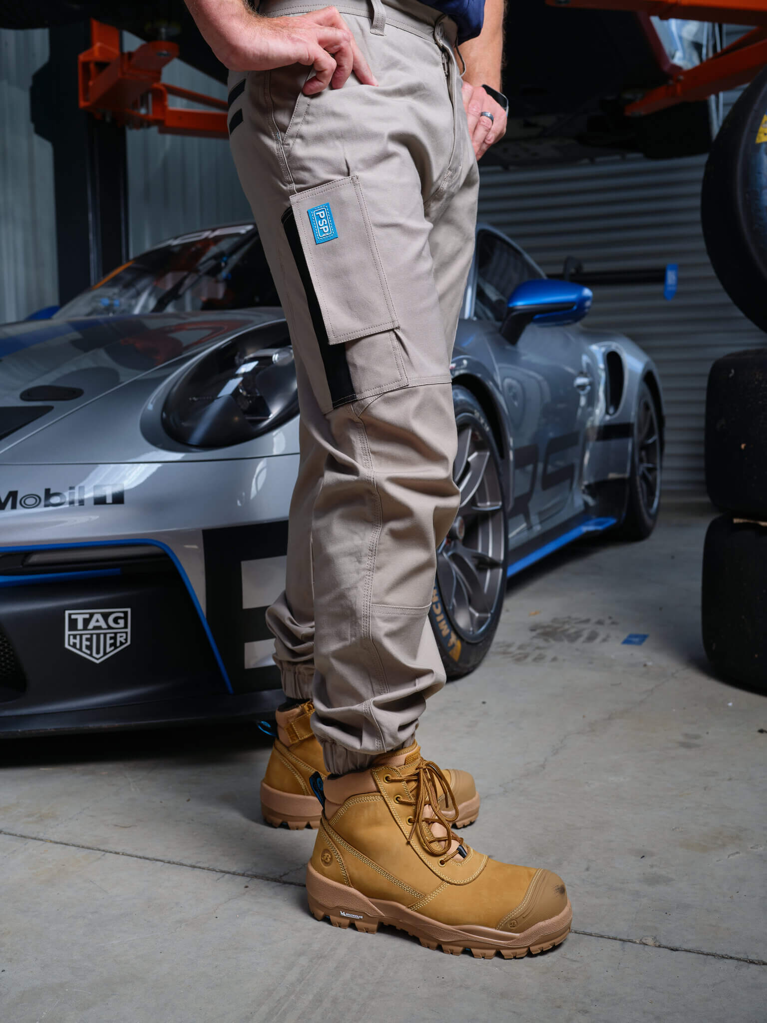 Driven DRV 02 Mens Fixed Waist Stretch Cargo Phone Safety Pocket Pants Elastic Cuff Khaki – View 03