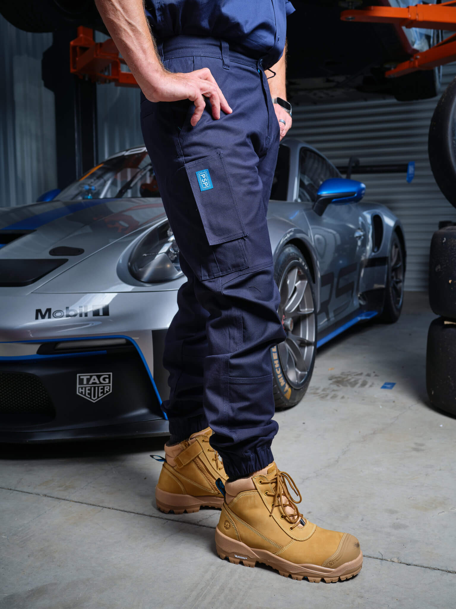 Driven DRV 02 Mens Fixed Waist Stretch Cargo Phone Safety Pocket Pants Elastic Cuff Navy – View 03