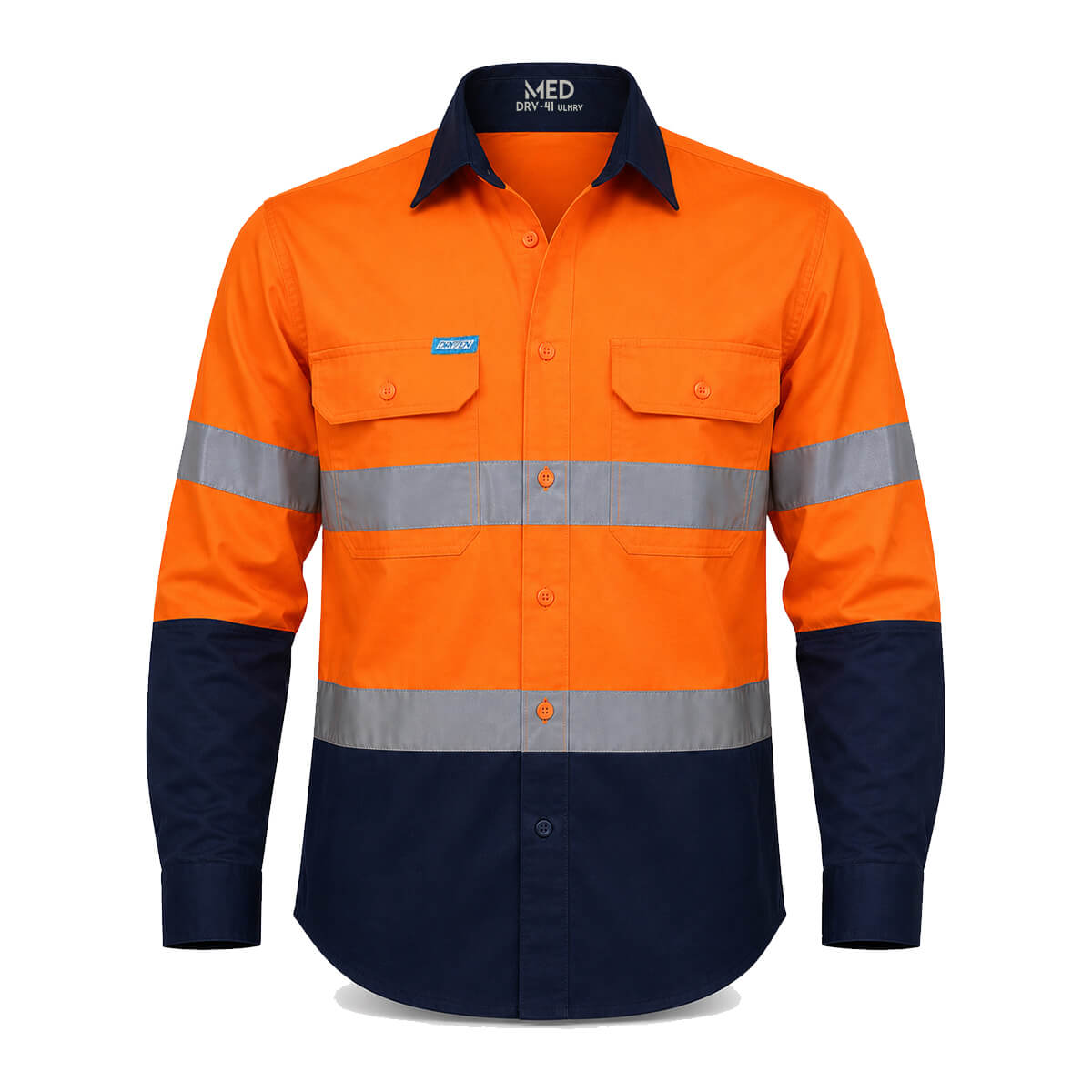 Driven DRV 41 Mens Hi-Vis Lightweight Long Sleeve Taped Safety Shirt Orange Navy