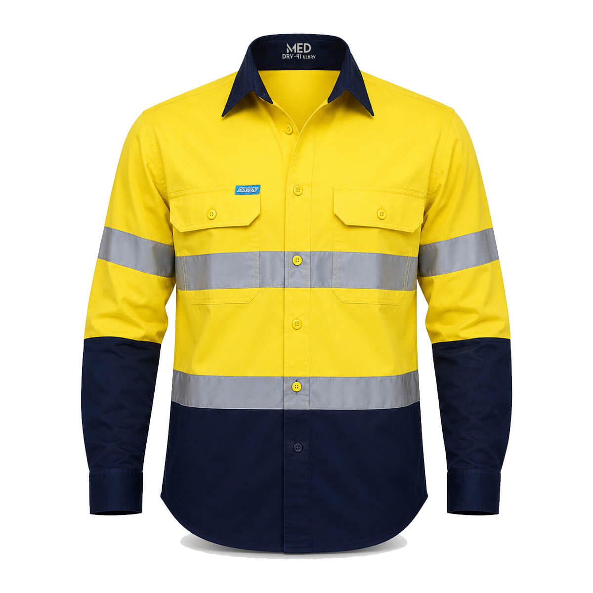 Driven DRV 41 Mens Hi-Vis Lightweight Long Sleeve Taped Safety Shirt Yellow Navy