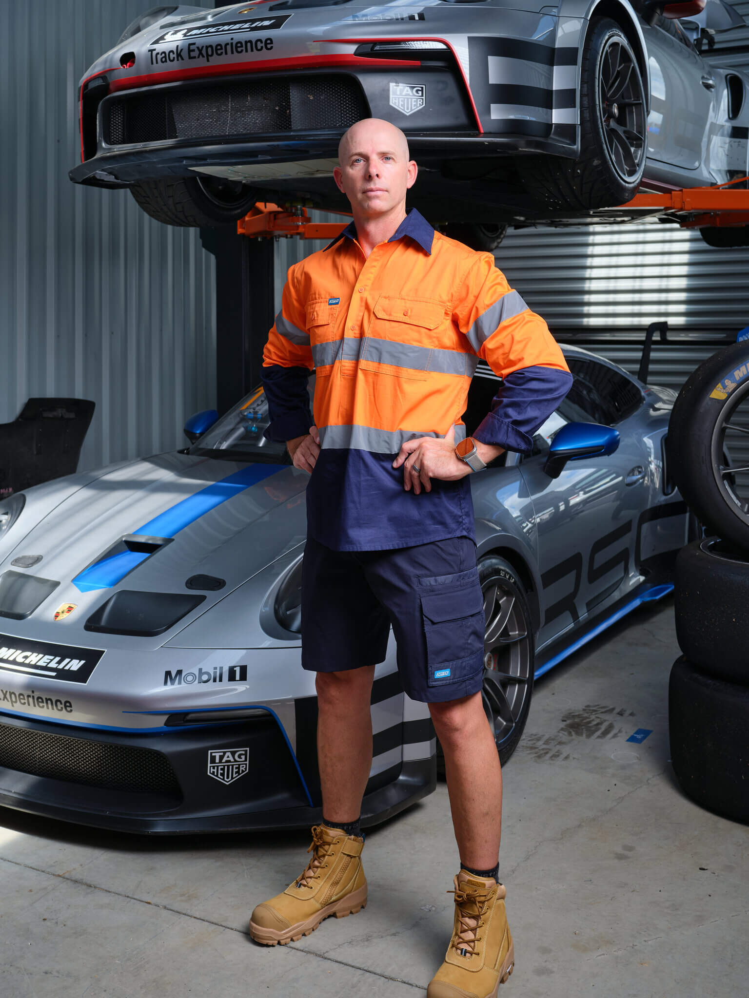 Driven DRV 44 Hi-Vis Lightweight Long Sleeve Taped Safety Shirt Closed Front Orange Navy – View 03