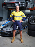 Driven DRV 44 Hi-Vis Lightweight Long Sleeve Taped Safety Shirt Closed Front Yellow Navy – Front View