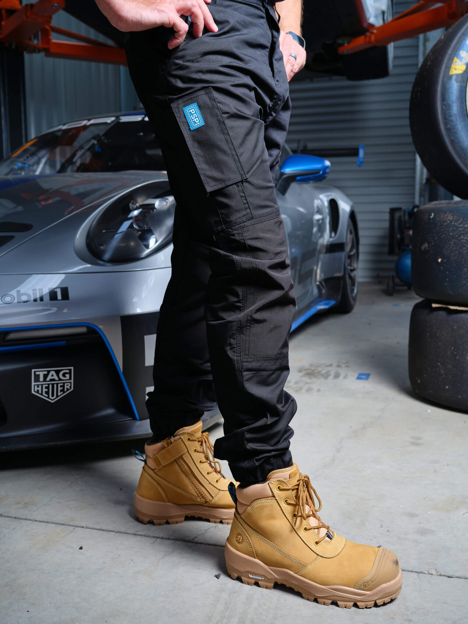 Driven DRV 05 Mens Premium Lightweight Fixed Waist Stretch Cargo Phone Safety Pocket Pants Elastic Cuff Black – View 03