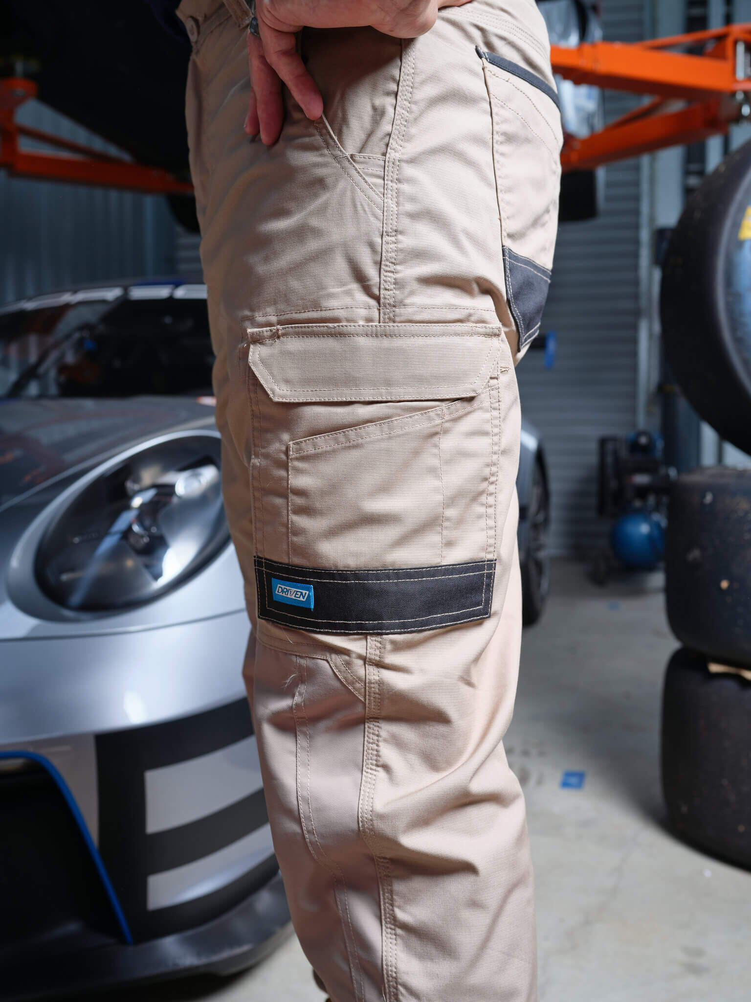 Driven DRV 05 Mens Premium Lightweight Fixed Waist Stretch Cargo Phone Safety Pocket Pants Elastic Cuff Khaki – View 07