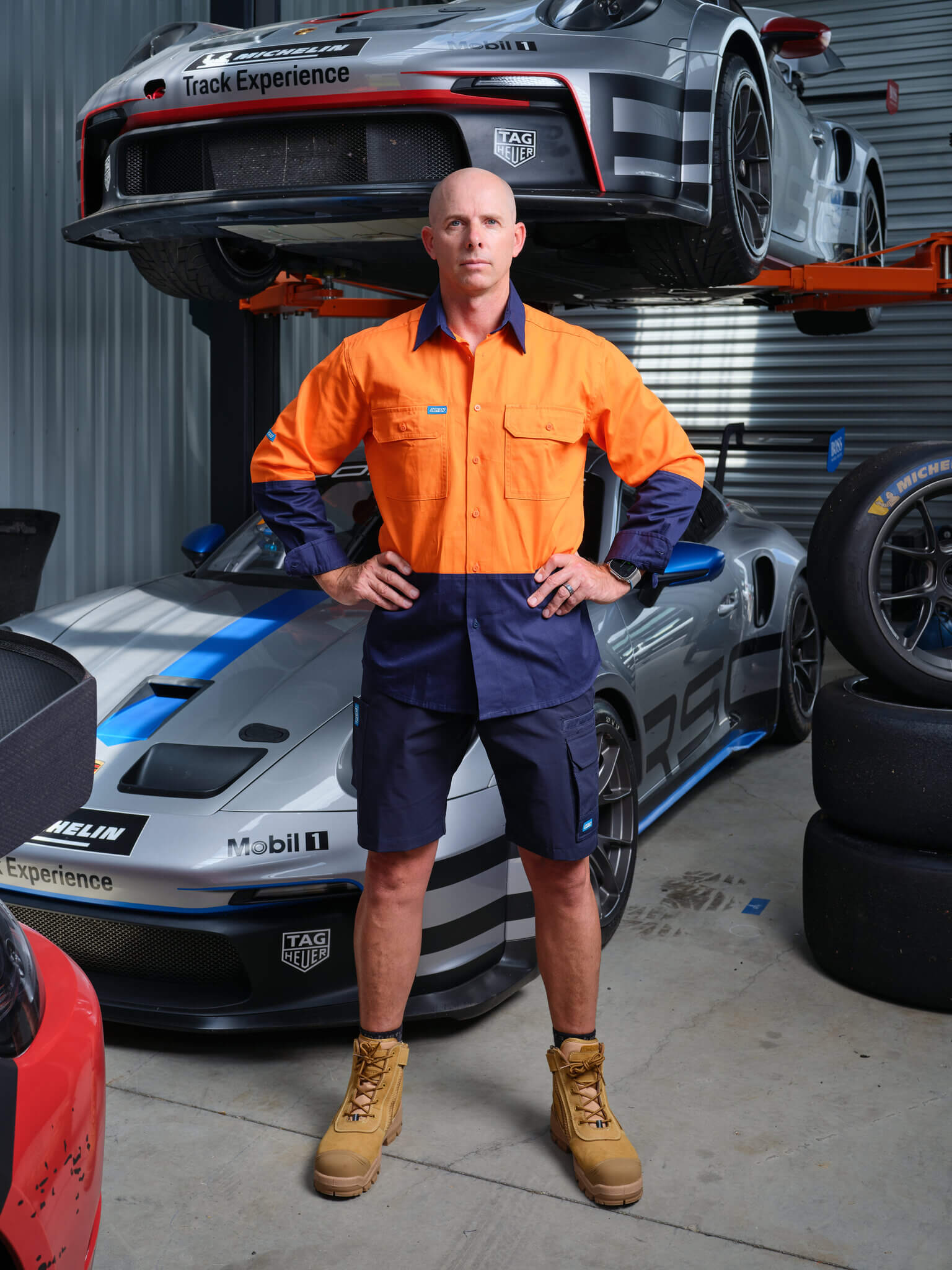 Driven DRV 52 Mens Hi-Vis Long Sleeve Safety Shirt Orange Navy – Front View