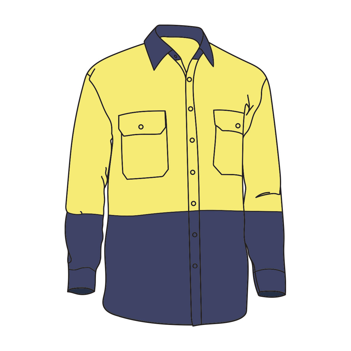 Drawing of a Driven DRV 52 Mens Hi Vis Long Sleeve Safety Shirt Yellow/Navy
